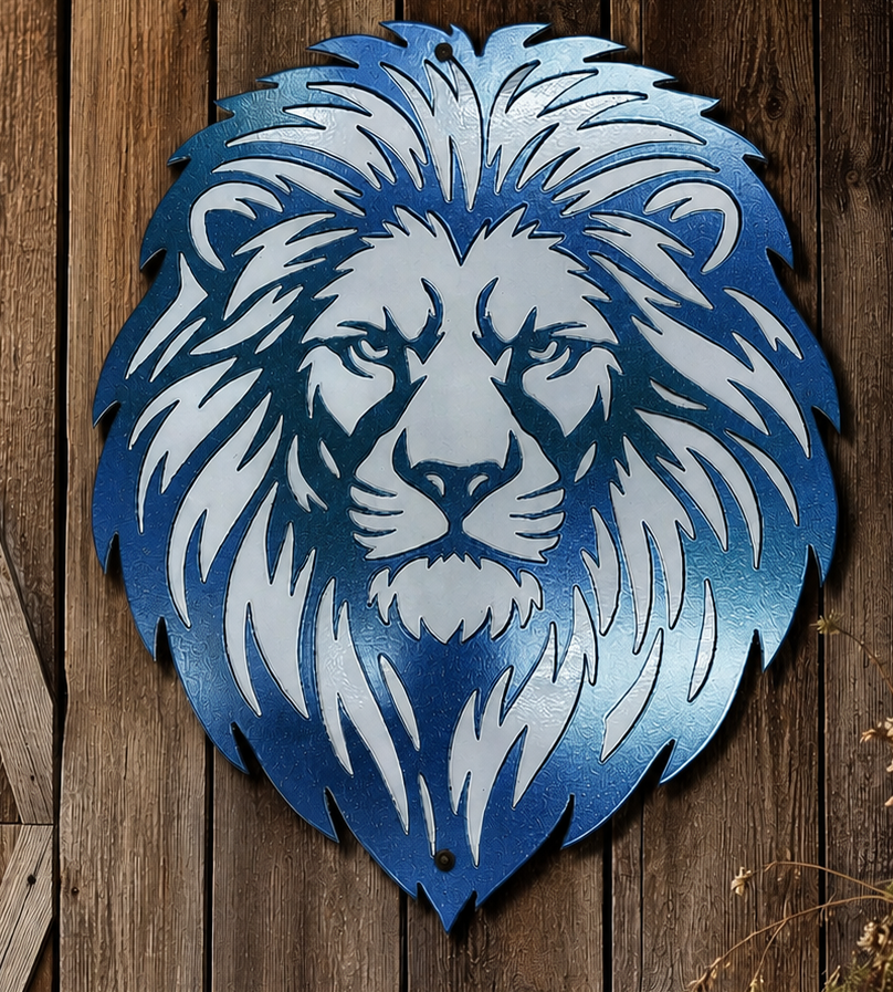 Majestic Lion Metal Wall Art in Blue and White Finish, Modern Wildlife Wall Decor, African Lion Head Metal Sign for Home, Office, Living Room, and Rustic Farmhouse Decor