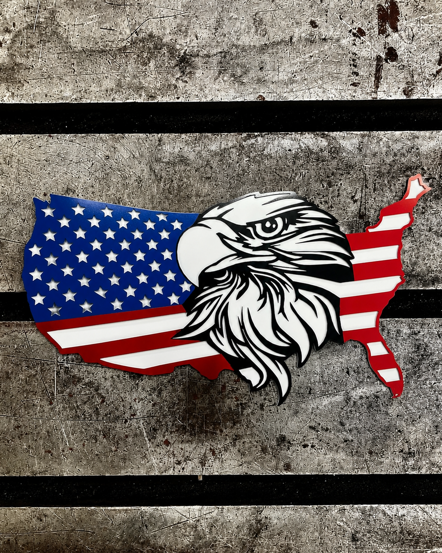 Patriotic Bald Eagle USA Map Metal Wall Art Featuring American Flag Design | American Made Metal Wall Decor for Home, Garage, Office, and Veterans