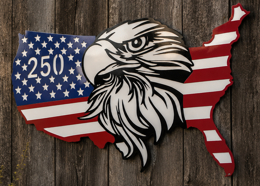 American flag USA map metal wall sign with bald eagle centerpiece and 250 anniversary design, patriotic metal wall decor for home, office, or outdoor display.