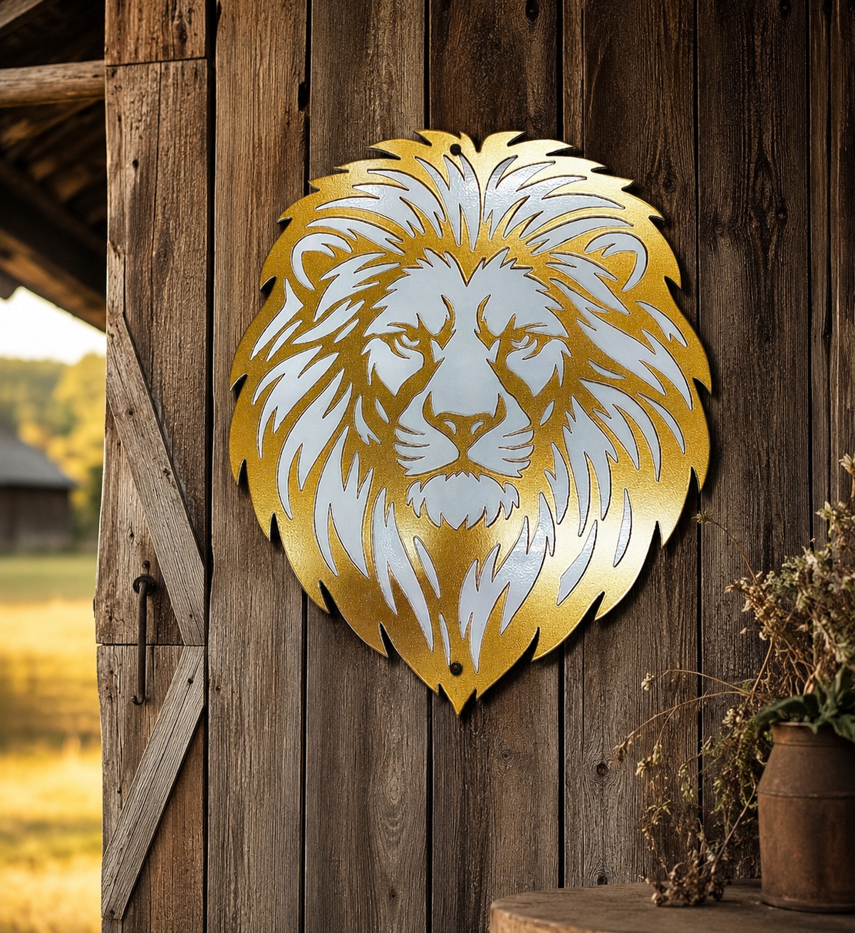 Majestic Lion Metal Wall Art in Gold and White Finish, Modern Wildlife Wall Decor, African Lion Head Metal Sign for Home, Office, Living Room, and Rustic Farmhouse Decor